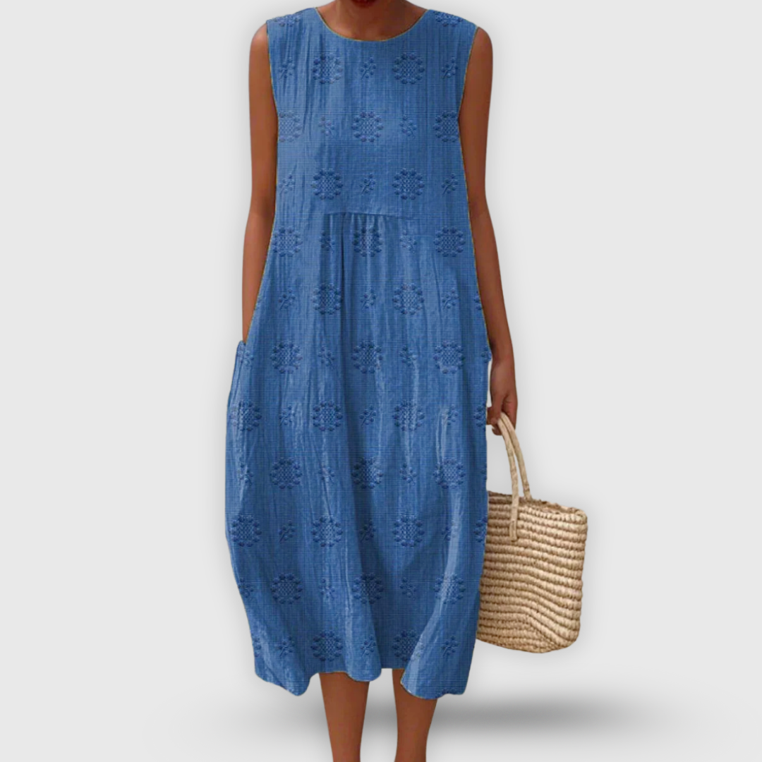 Jayda Abito Donna in Cotone – Vestito Midi Senza Maniche, Ricami Floreali, Tasche