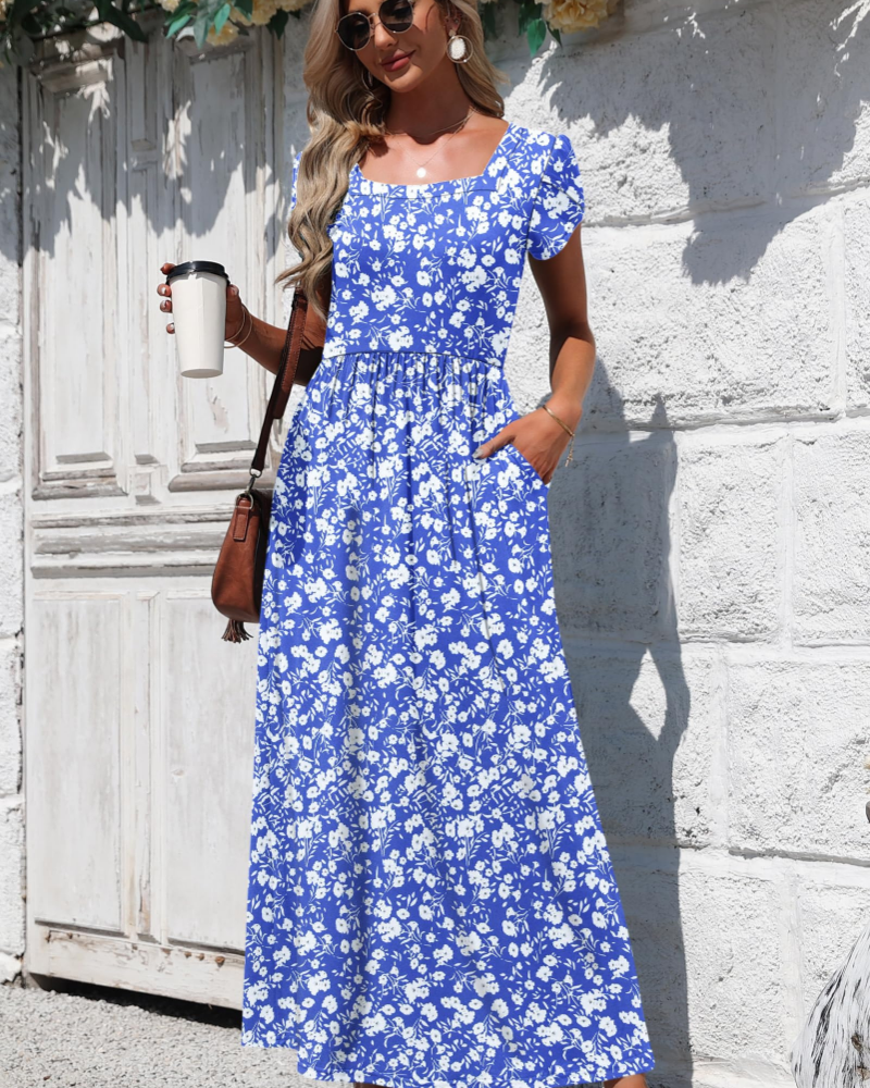 Amelia Maxikleid für Damen – quadratischer Ausschnitt, Petalärmel und Seitentaschen