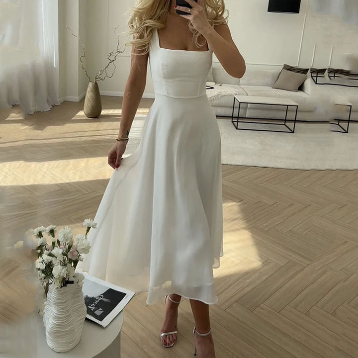 Sussie Robe Femme Midi Élégante – Robe Col Carré, Cérémonie Chic
