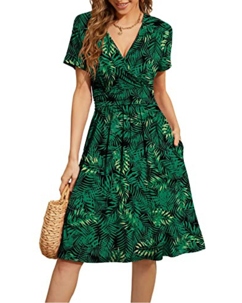 Robe fleurie pour femme – Décolleté en V croisé, taille haute et poches latérales