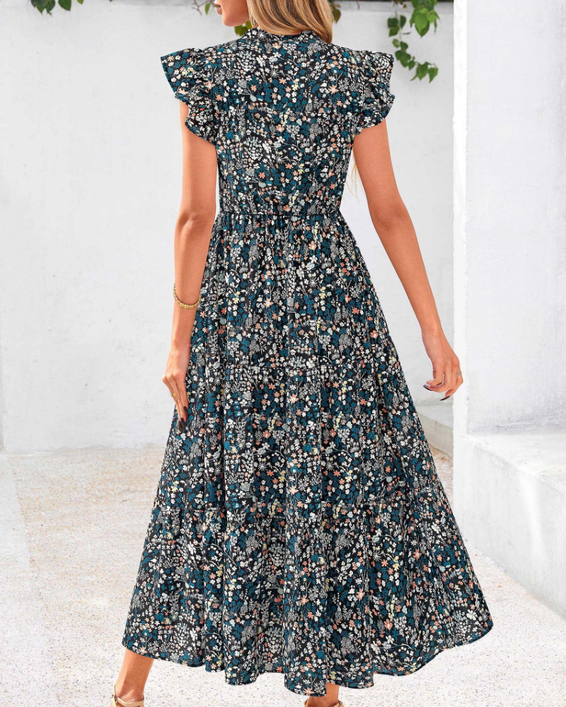 Dámské boho midi šaty Juliet – květinový vzor s výstřihem do V, volány a bočními kapsami
