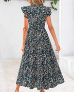 Dámské boho midi šaty Juliet – květinový vzor s výstřihem do V, volány a bočními kapsami
