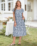 Natalie Women's Midi Dress – Crew Neck, Empire Waist, Short Sleeves and Pockets