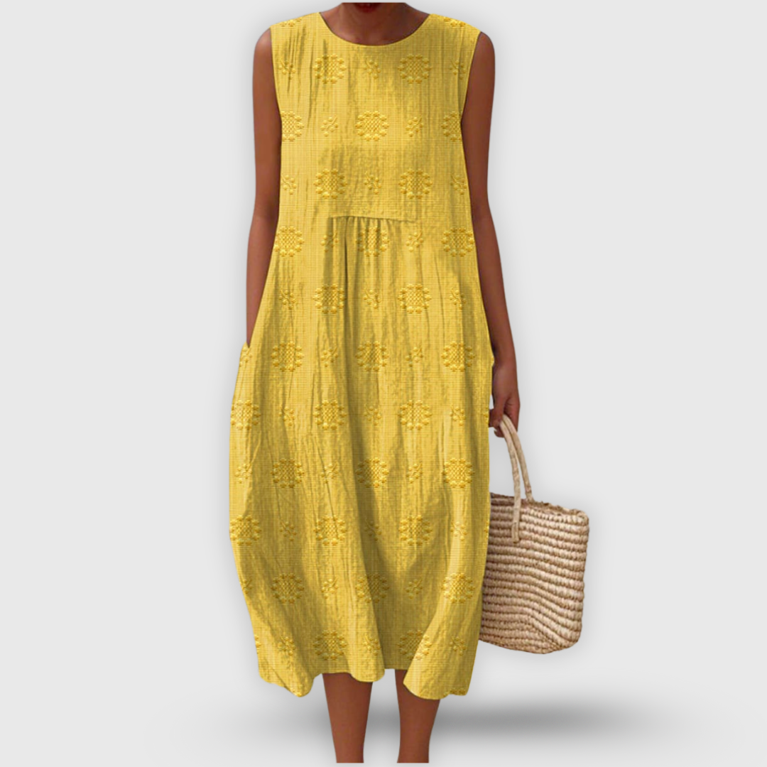Jayda Abito Donna in Cotone – Vestito Midi Senza Maniche, Ricami Floreali, Tasche