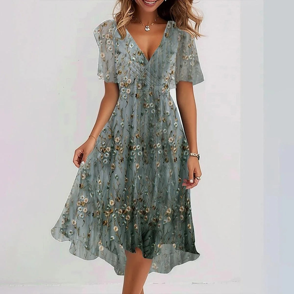 Everly Vestito Midi Donna – Floreale, Scollo a V Elegante & Vestibilità Fluida