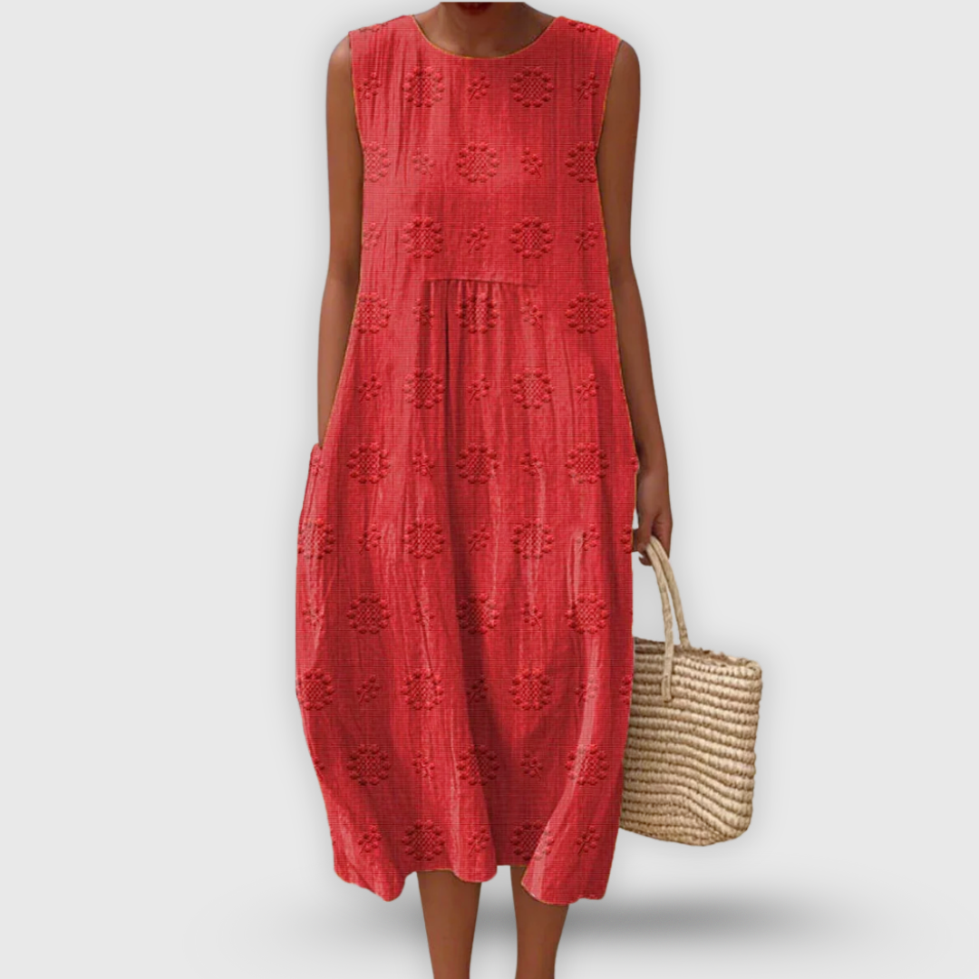 Jayda Abito Donna in Cotone – Vestito Midi Senza Maniche, Ricami Floreali, Tasche