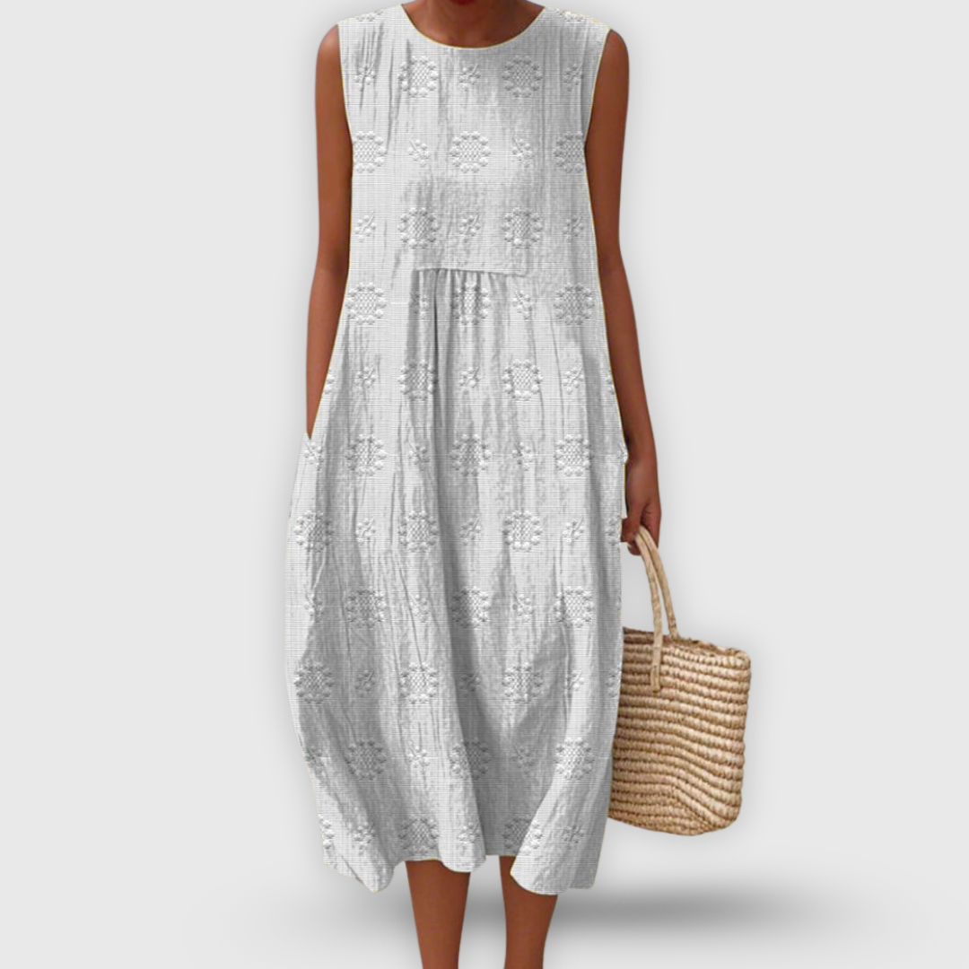 Jayda Abito Donna in Cotone – Vestito Midi Senza Maniche, Ricami Floreali, Tasche
