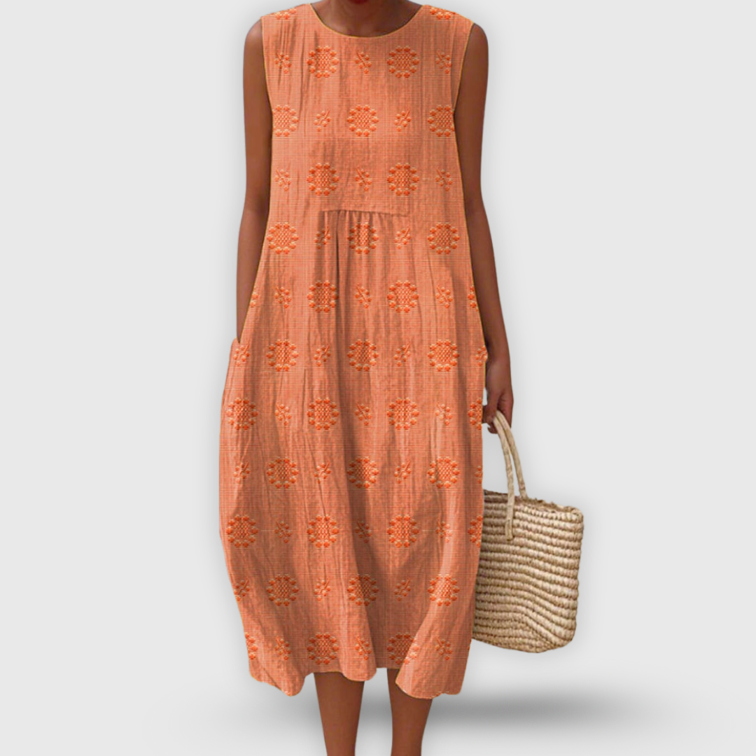 Jayda Abito Donna in Cotone – Vestito Midi Senza Maniche, Ricami Floreali, Tasche
