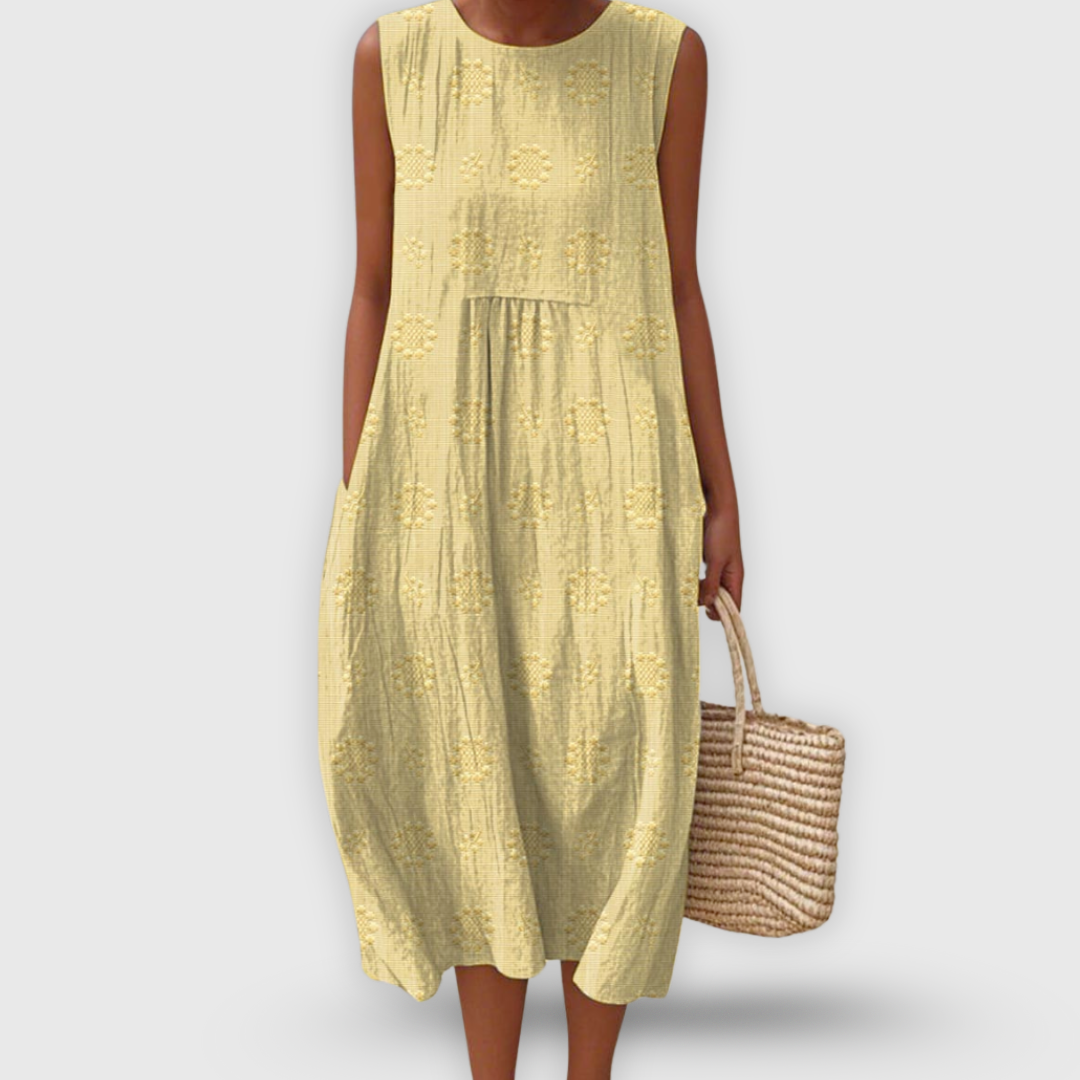 Jayda Abito Donna in Cotone – Vestito Midi Senza Maniche, Ricami Floreali, Tasche
