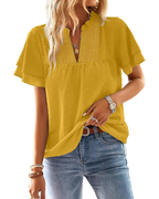 Sabrina Top Donna – Scollo a V, Pizzo Crochet, Volant e Maniche Corte