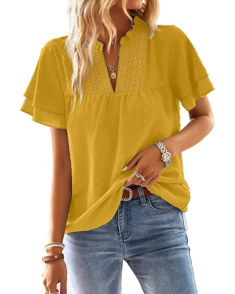 Sabrina Top Donna – Scollo a V, Pizzo Crochet, Volant e Maniche Corte