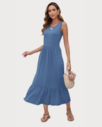Harper Women's Maxi Dress – Empire Waistcoat with Tiered Ruffles and Side Pockets