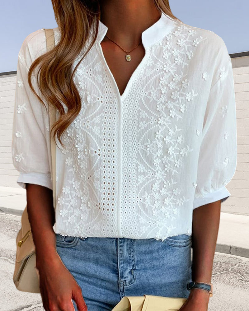 Amelie Blusa Donna – Scollo a V, Maniche a Sbuffo & Dettagli in Pizzo Elegante