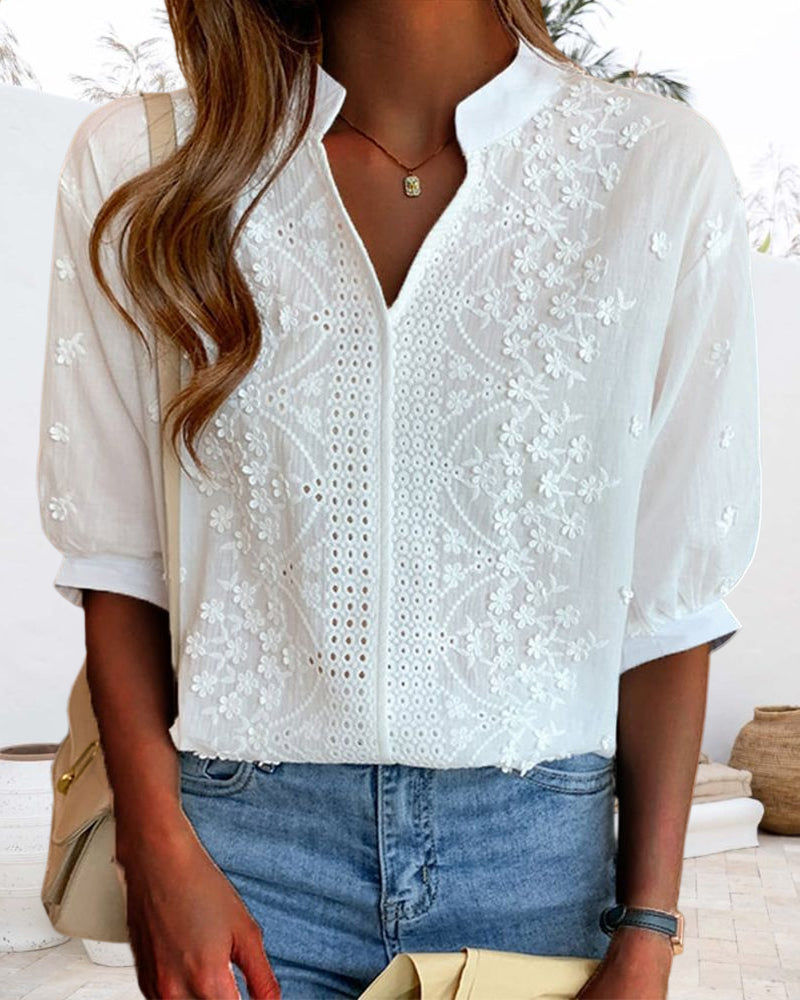 Amelie Blusa Donna – Scollo a V, Maniche a Sbuffo & Dettagli in Pizzo Elegante