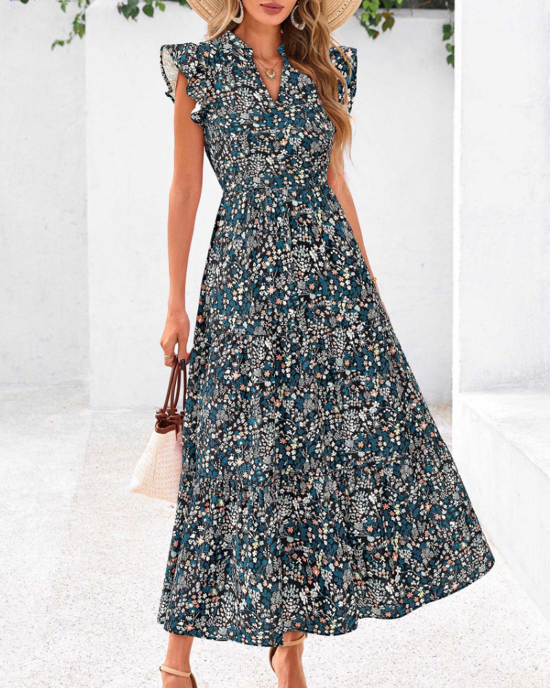 Dámské boho midi šaty Juliet – květinový vzor s výstřihem do V, volány a bočními kapsami