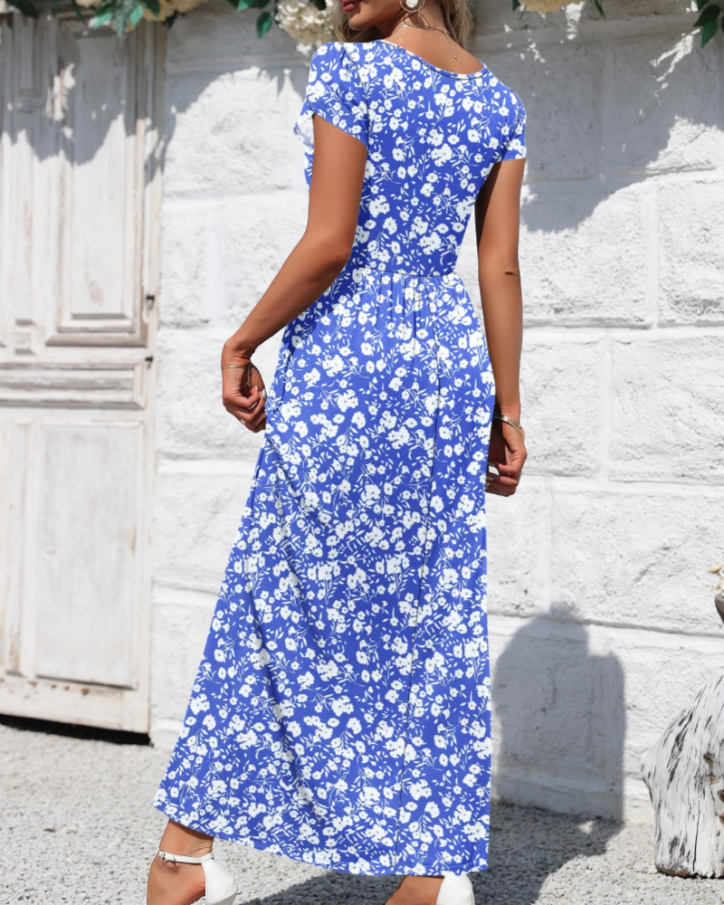 Amelia Maxikleid für Damen – quadratischer Ausschnitt, Petalärmel und Seitentaschen