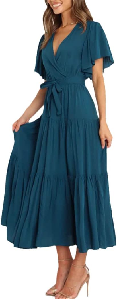 Elisa Vestito Maxi Boho da Donna – Abito Estivo Elegante con Vita Alta e Volant