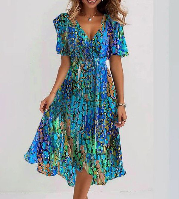 Breena Robe Femme Midi Bleue – Robe Manches Courtes Élégante, Fluide Casual Chic