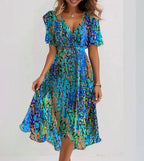 Breena Robe Femme Midi Bleue – Robe Manches Courtes Élégante, Fluide Casual Chic