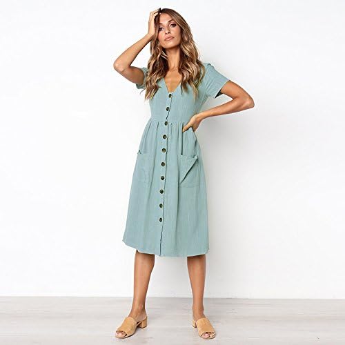 Laura Robe Midi Femme – Robe d’Été Décontractée avec Poches et Col V