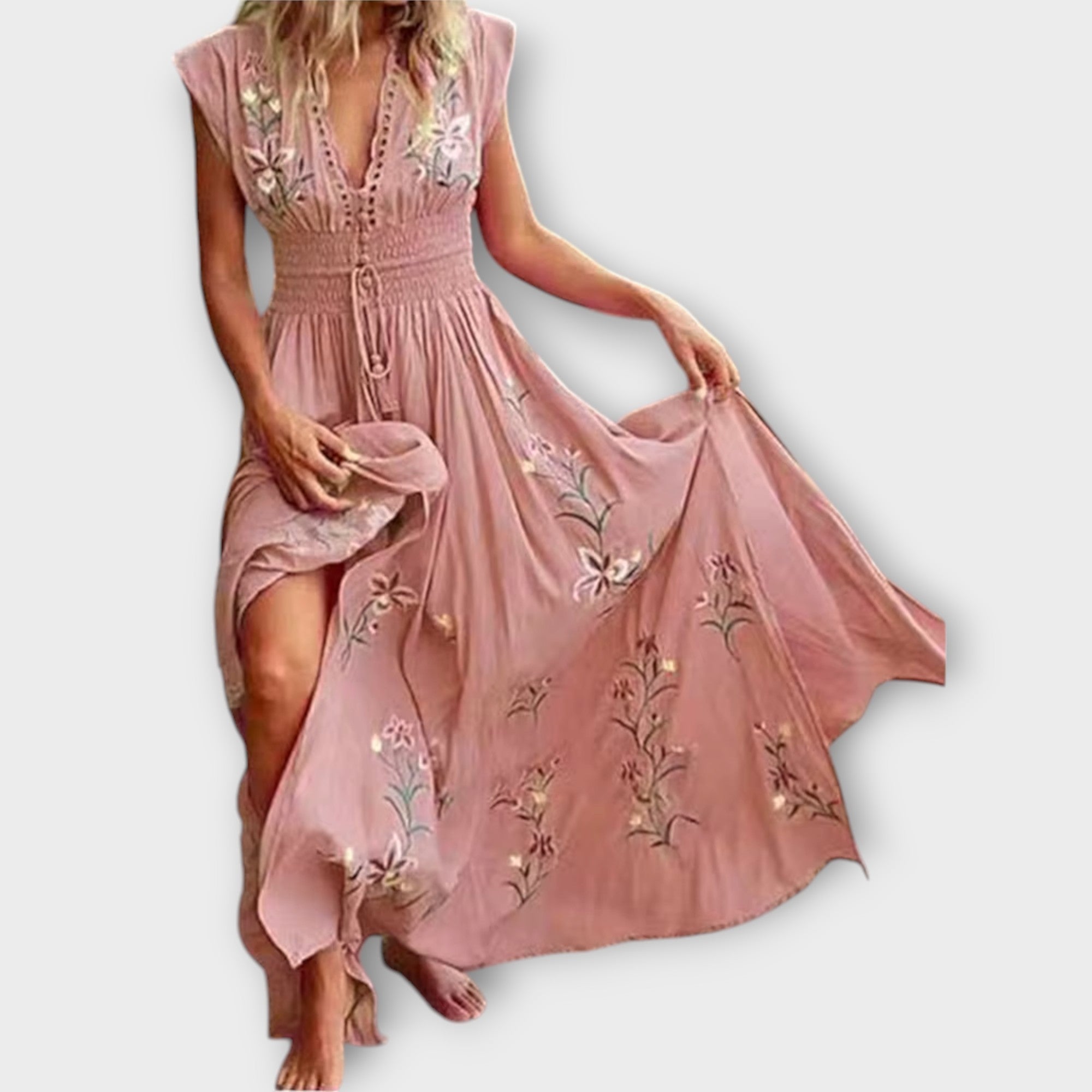 Elena Robe Femme Brodée Bohème – Robe Estivale Taille Marquée, Élégante Casual Chic