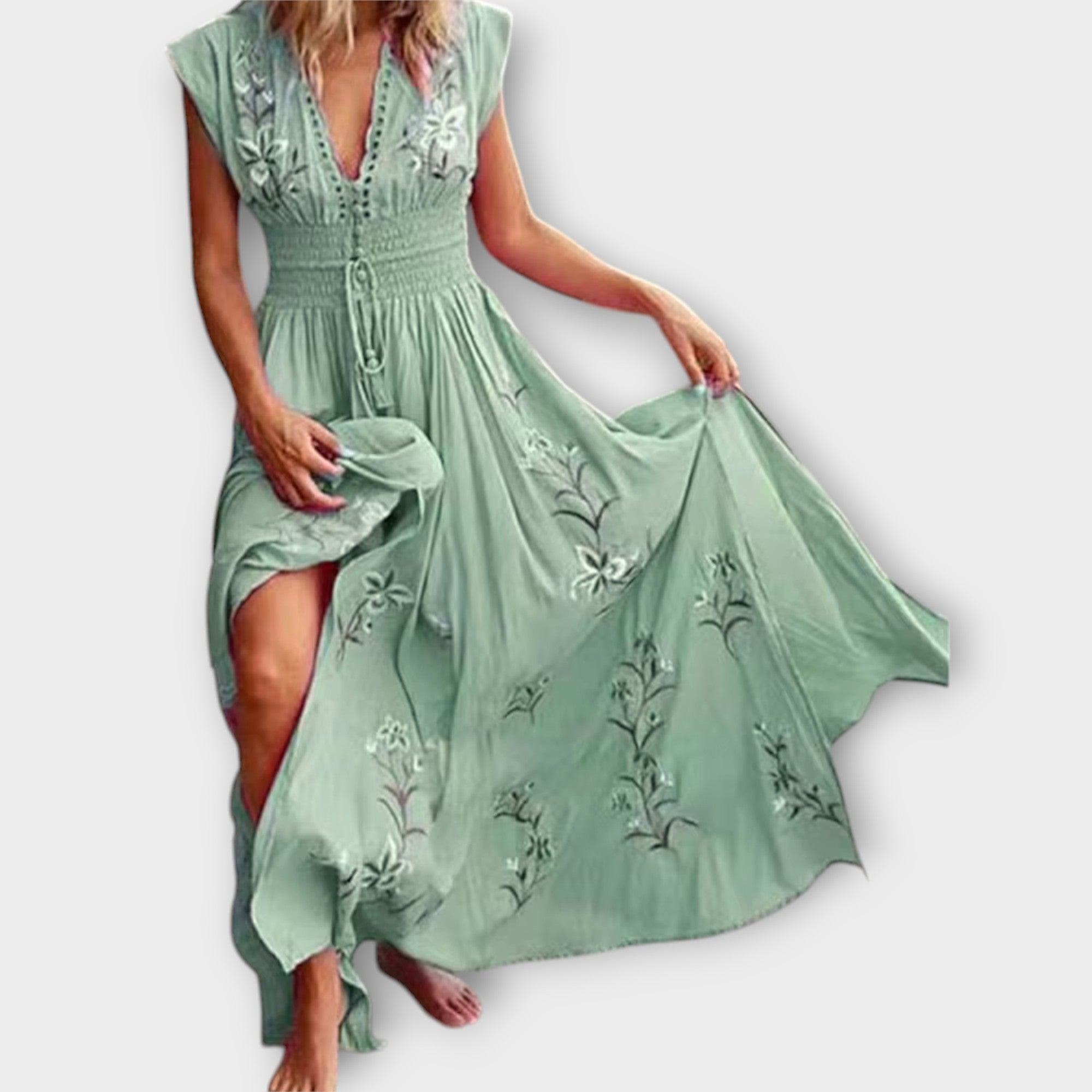 Elena Robe Femme Brodée Bohème – Robe Estivale Taille Marquée, Élégante Casual Chic