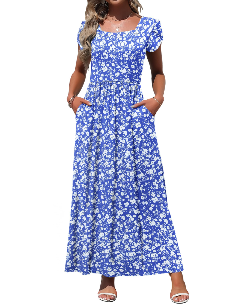 Amelia Maxikleid für Damen – quadratischer Ausschnitt, Petalärmel und Seitentaschen
