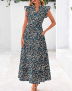 Dámské boho midi šaty Juliet – květinový vzor s výstřihem do V, volány a bočními kapsami