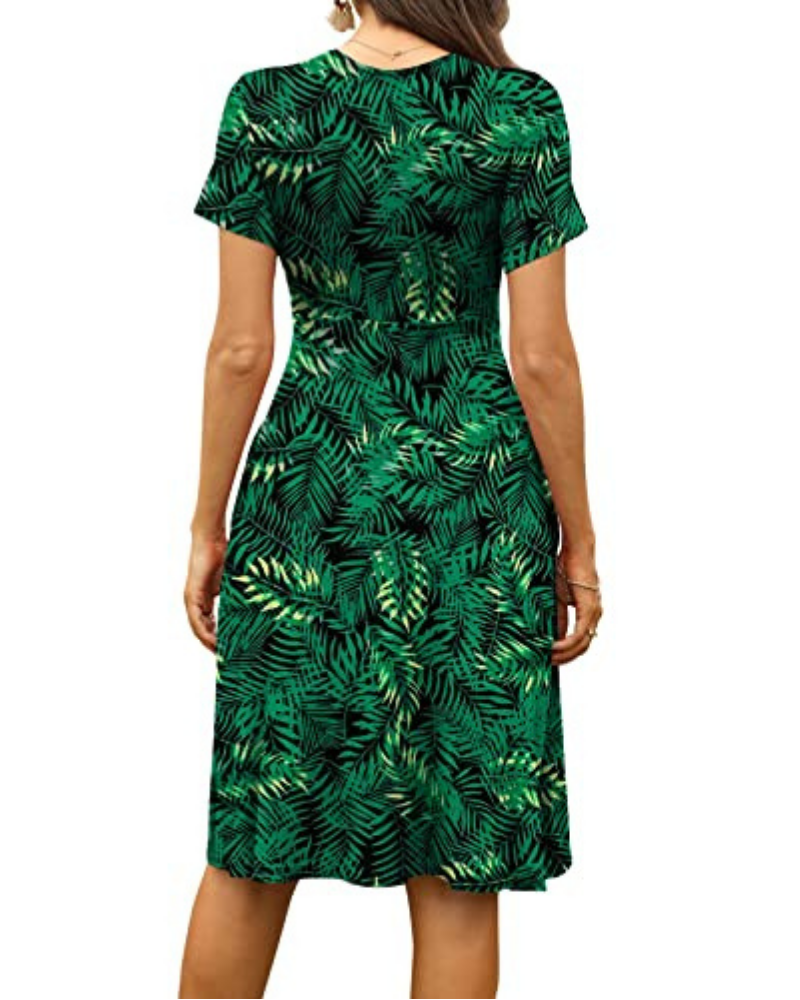 Robe fleurie pour femme – Décolleté en V croisé, taille haute et poches latérales