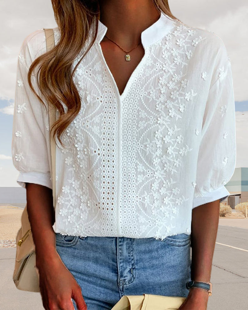 Amelie Blusa Donna – Scollo a V, Maniche a Sbuffo & Dettagli in Pizzo Elegante