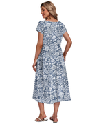 Natalie Women's Midi Dress – Crew Neck, Empire Waist, Short Sleeves and Pockets