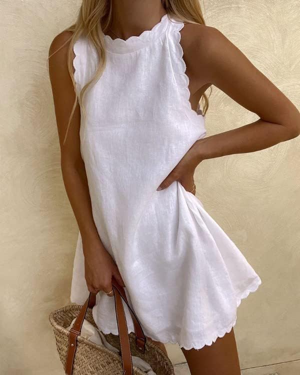 Meleden Robe Femme Mini Lin – Halter, Col Ondulé, Fermeture Éclair Dos Estivale
