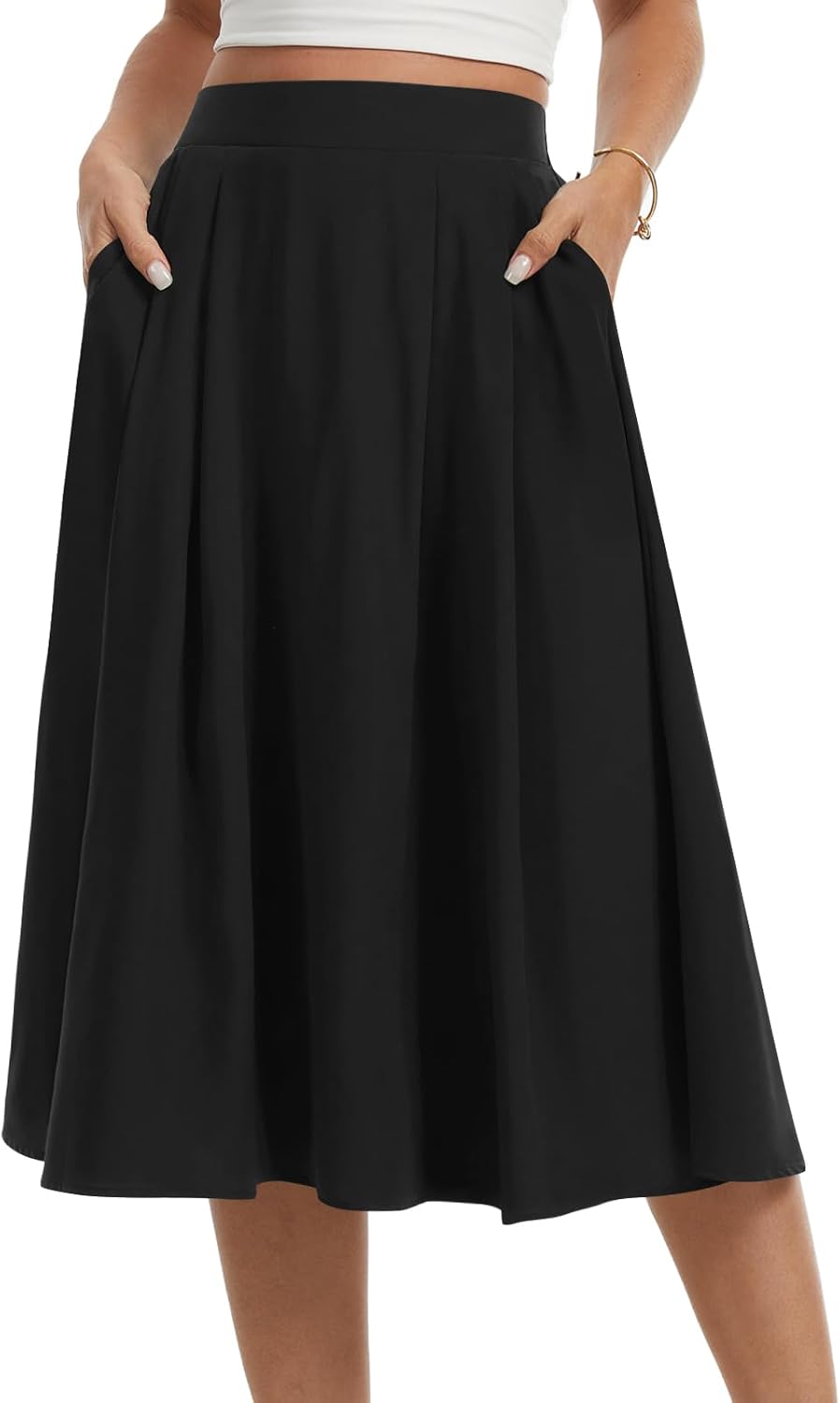 Falda midi de jade para mujer – falda fluida de cintura alta con bolsillos