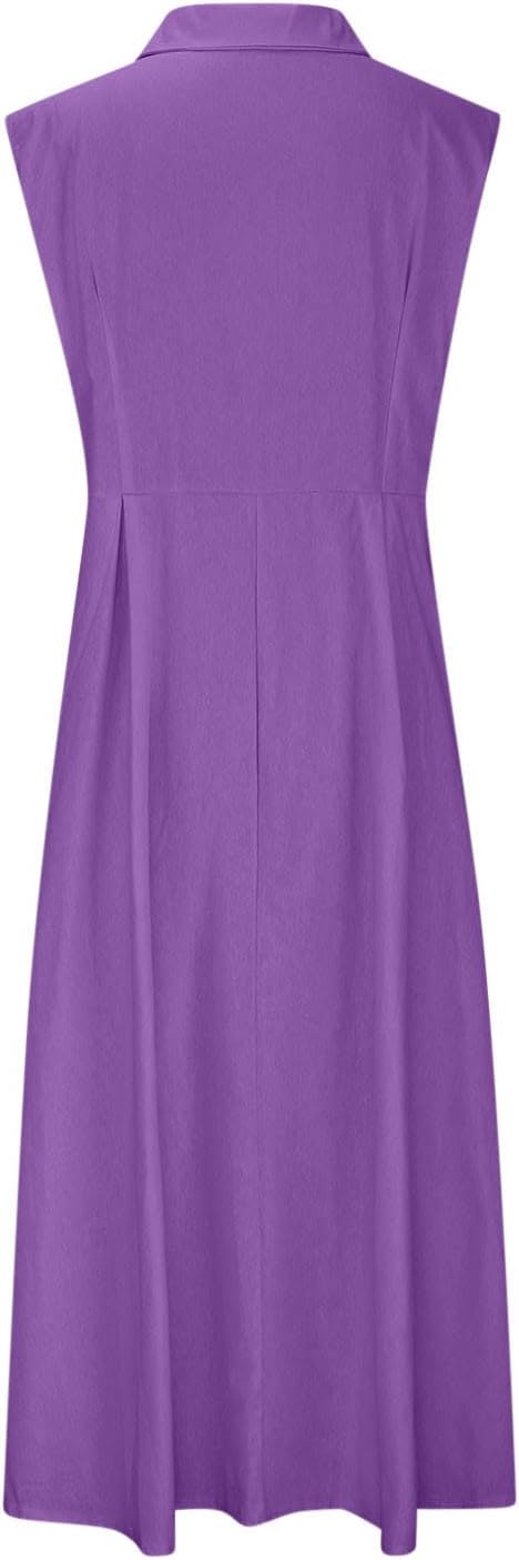 Aurora Robe Femme – Robe Longue Lin Coton, Sans Manches, Boutons