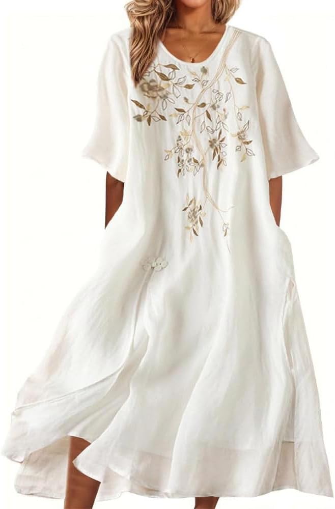 Amelia Vestito Lungo Boho da Donna – Abito in Cotone e Lino con Ricami Floreali