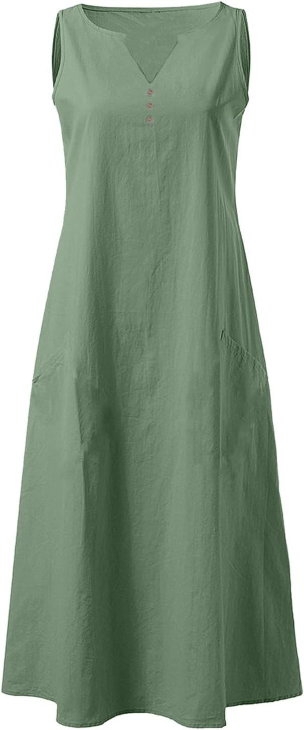 Giulia Vestito Maxi in Lino da Donna – Abito Estivo Senza Maniche con Tasche