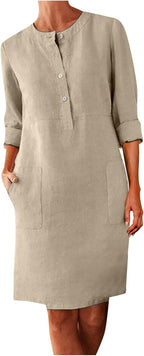 Giulia Robe bohème en lin pour femme – Robe décontractée mi-longue avec boutons et poches
