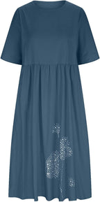 Elena Abito Donna Midi Cotone Lino – Vestito Casual Girocollo Maniche Corte Plus Size