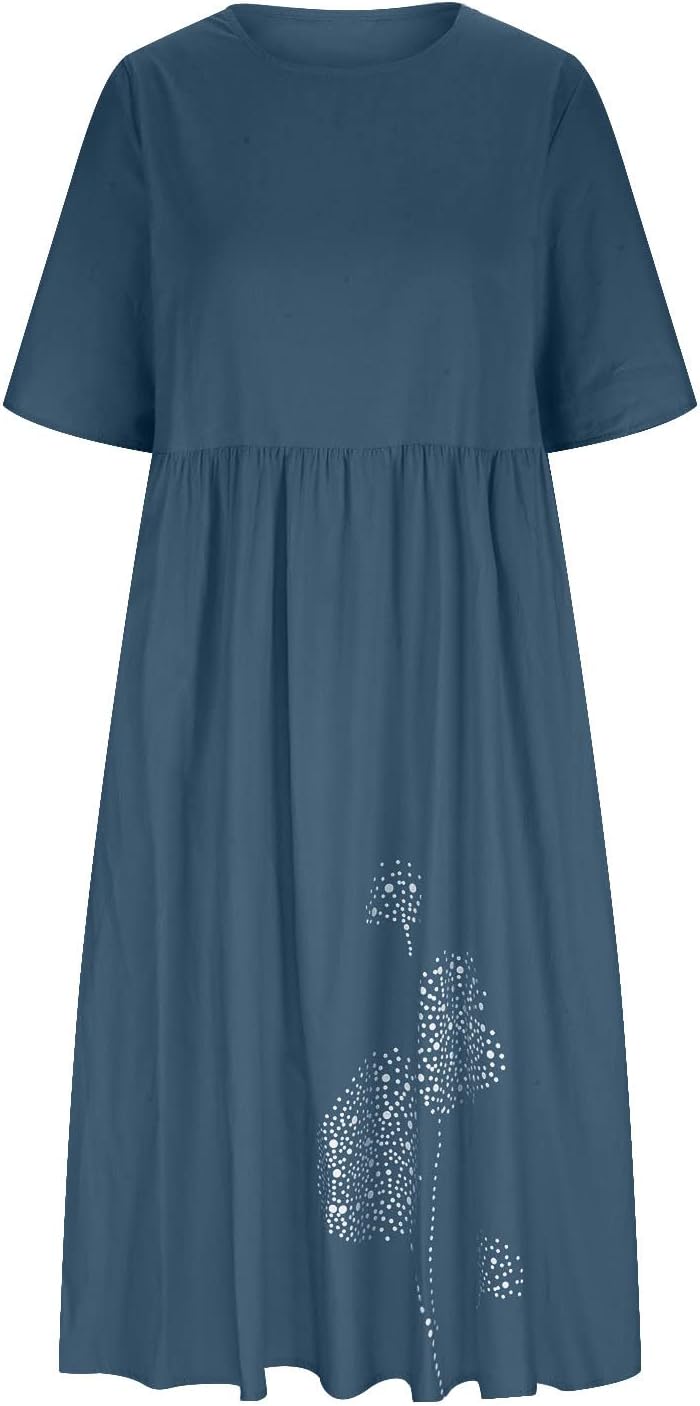 Elena Abito Donna Midi Cotone Lino – Vestito Casual Girocollo Maniche Corte Plus Size
