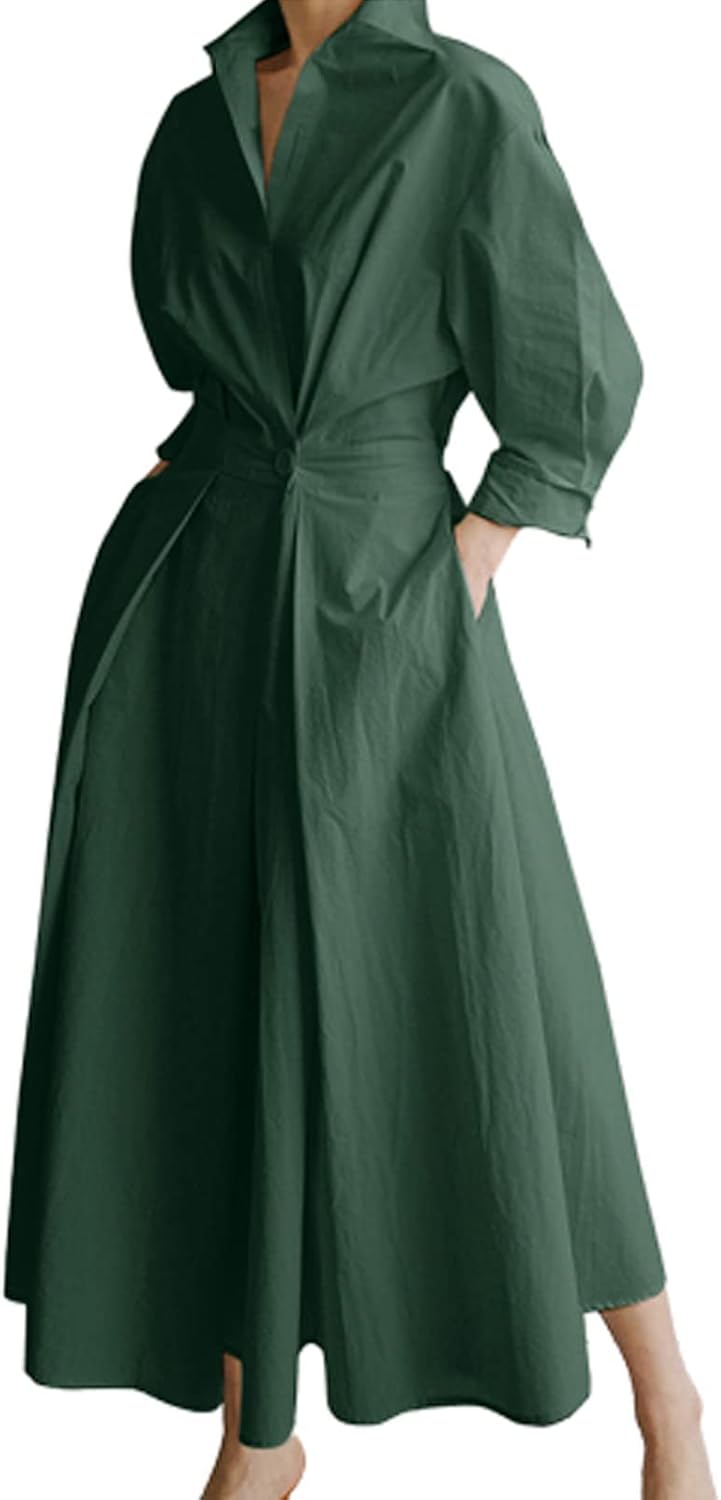 Selena Abito Lungo Donna – Vestito Maxi Casual Elegante con Bottoni e Maniche Lunghe