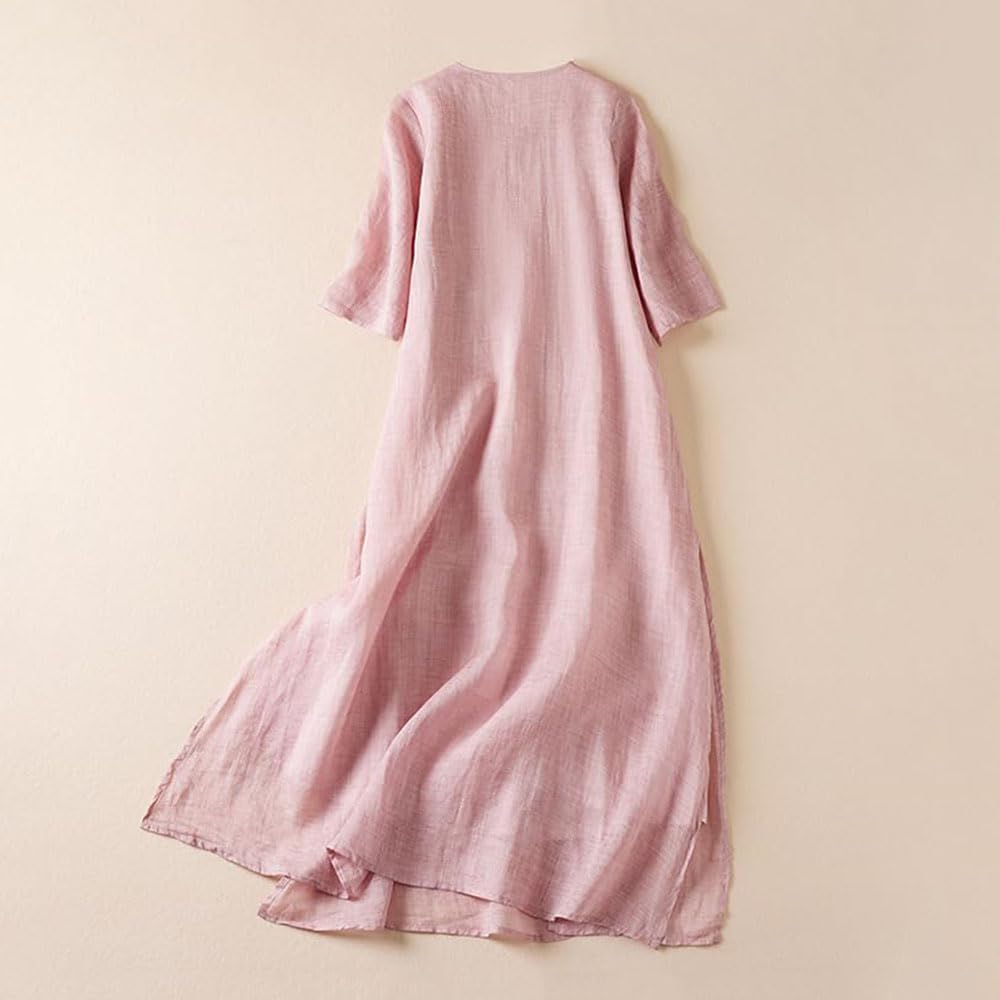 Amelia Women's Long Boho Dress – Cotton and Linen Dress with Floral Embroidery