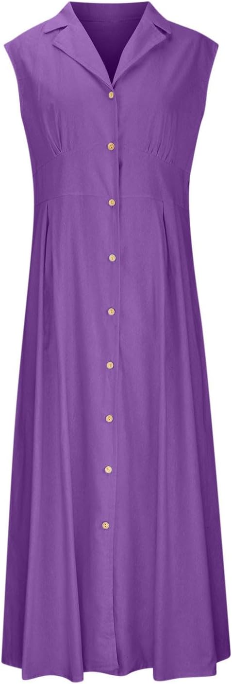 Aurora Abito Donna – Vestito Lungo Lino Cotone, Senza Maniche, Bottoni