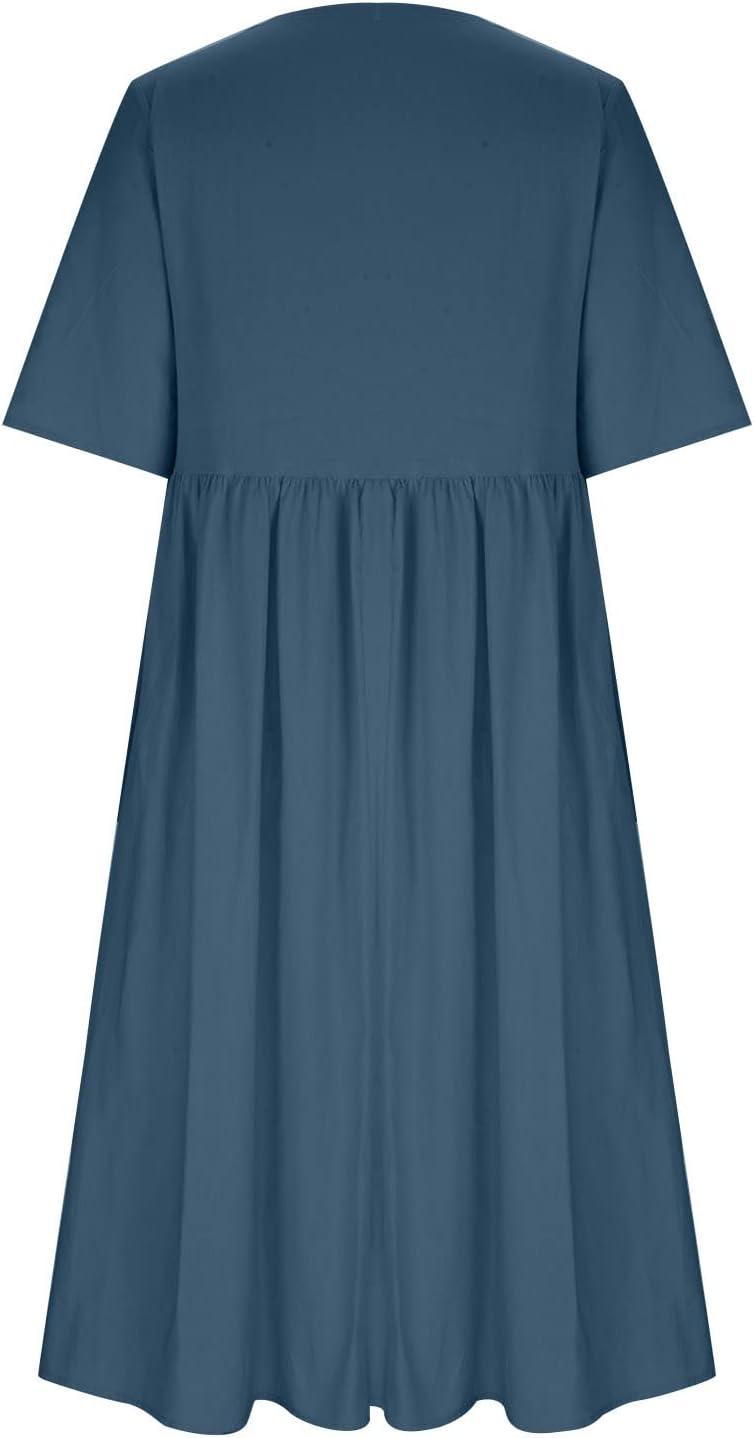 Elena Abito Donna Midi Cotone Lino – Vestito Casual Girocollo Maniche Corte Plus Size