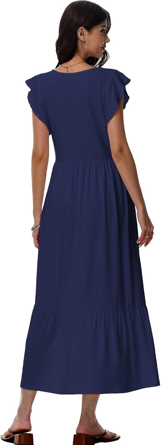 Elena Women's Floral Midi Dress – Summer Dress with V-Neck and Pockets