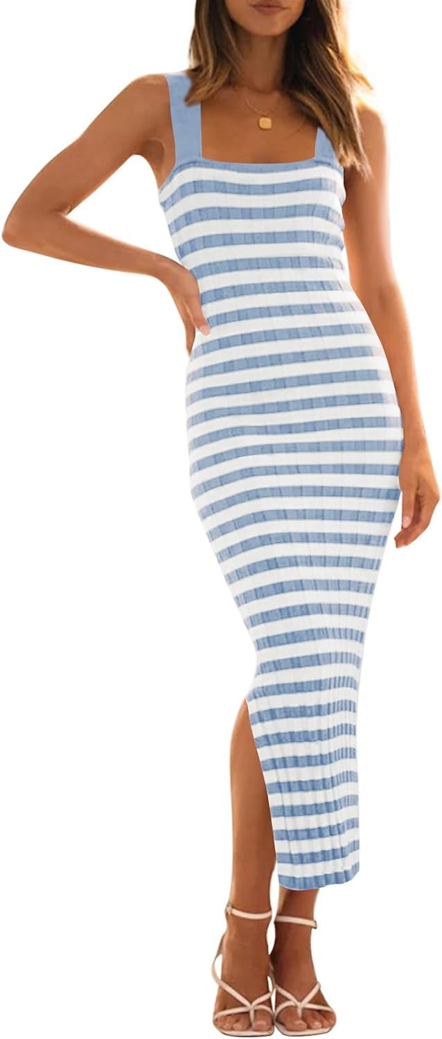 Robe Midi Femme Noemi – Bodycon Rayée, Col Carré, Maille Élastique