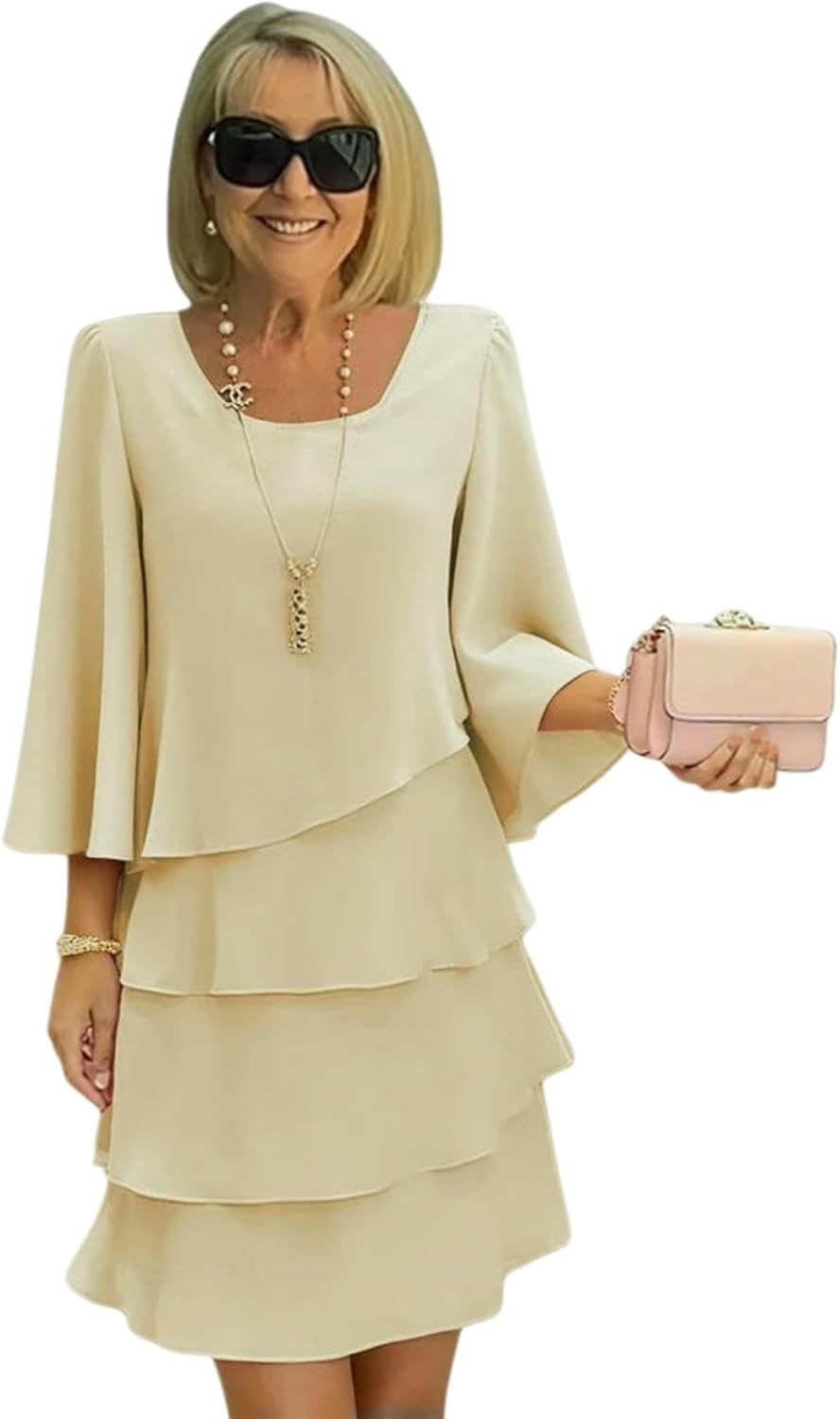 Giulia Abito Donna – Vestito Midi a Balze, Girocollo, Loose Fit Elegante
