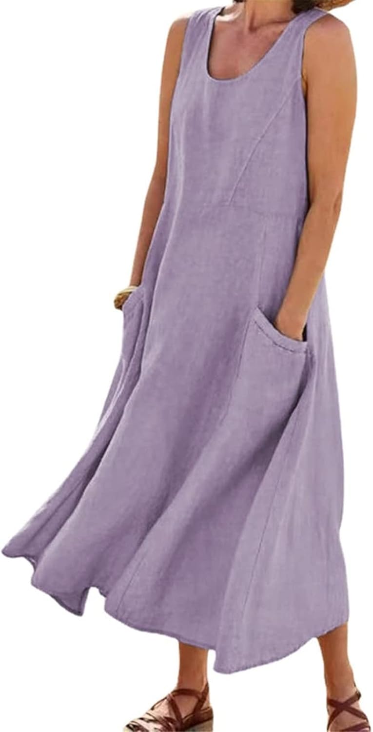 Elena Summer Dress in Cotton and Linen – Casual Sleeveless Dress with Pockets