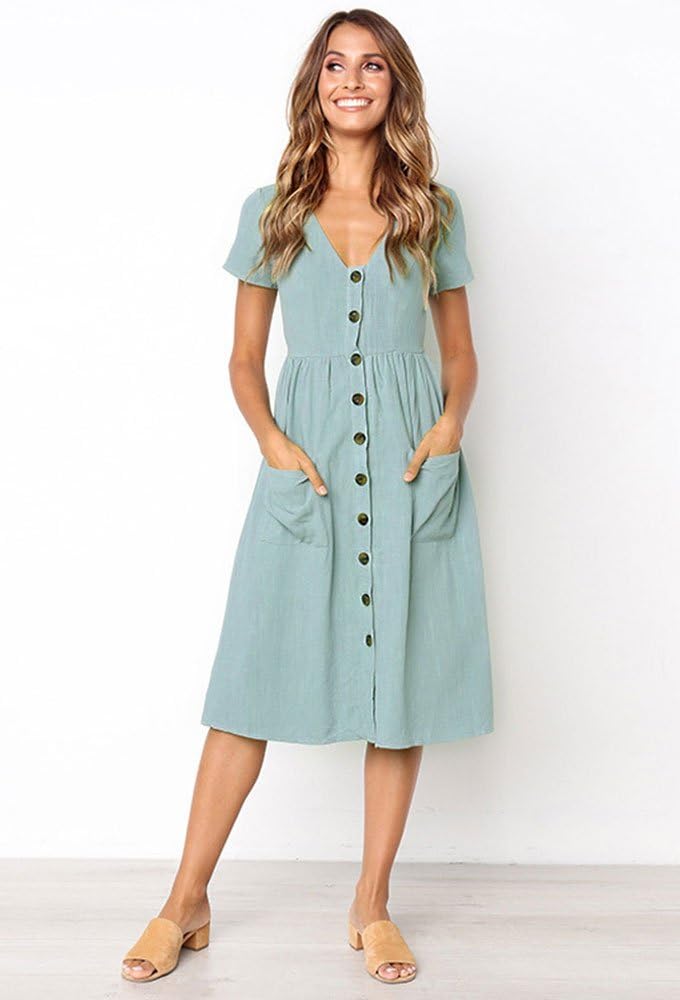 Laura Robe Midi Femme – Robe d’Été Décontractée avec Poches et Col V