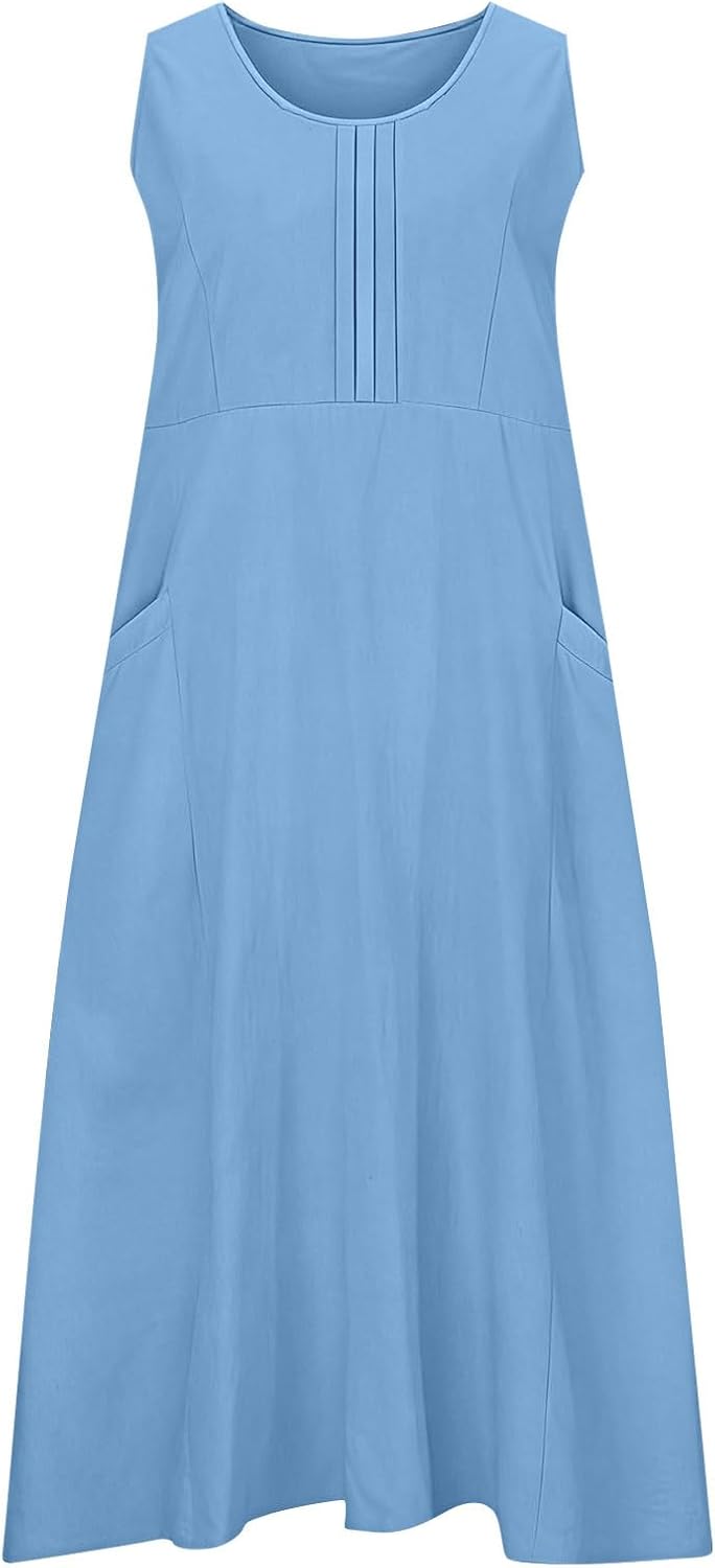 Hailey Abito Donna Lino Cotone – Midi Senza Maniche, Plissé, Tasche Casual