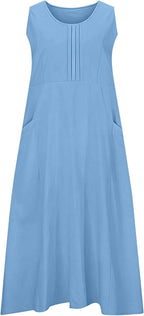Hailey Abito Donna Lino Cotone – Midi Senza Maniche, Plissé, Tasche Casual